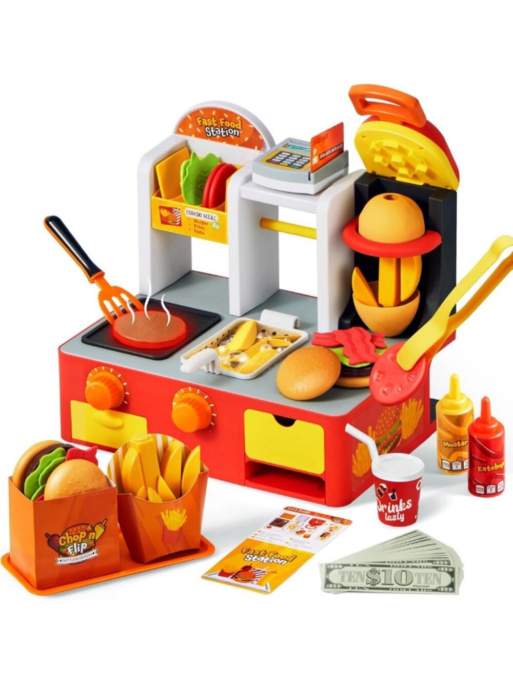 40+ PCS Fast Food Playset Toy with Lights, Frying Effect & Order Station - Fun
